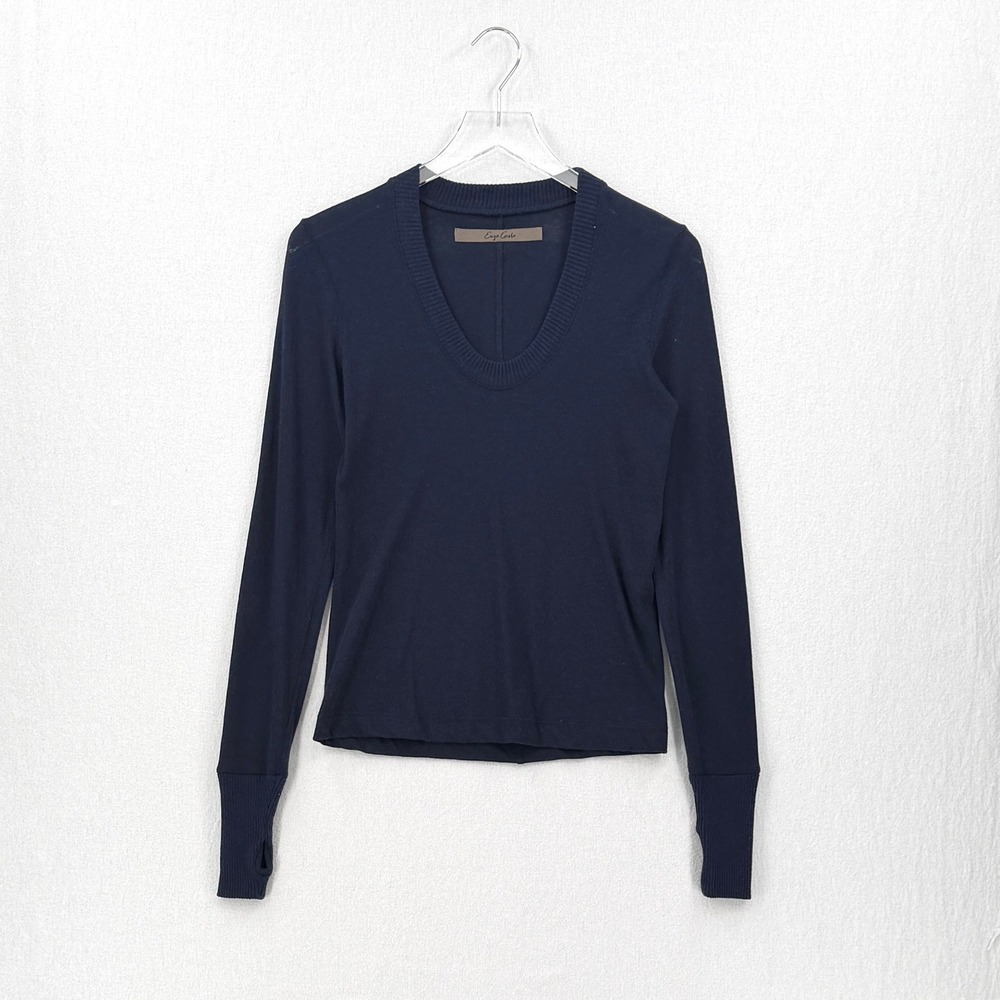 ENZA COSTA Cashmere Easy Cuffed U Neck Top Small Midnight Blue Minimalist Luxury - Picture 3 of 14